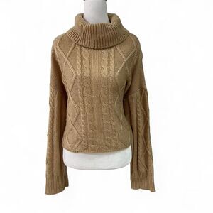 Tan Cable Knit Cropped Turtleneck Sweater